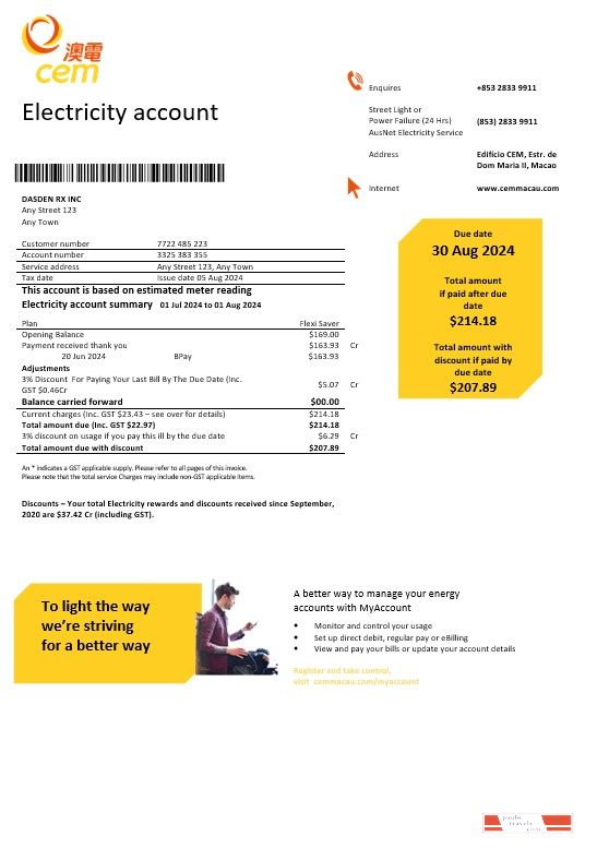 Macau CEM electricity business utility bill Word and PDF template PSD template